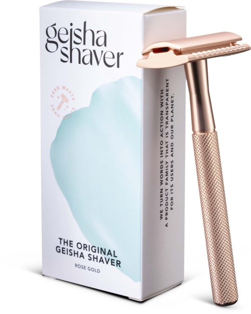 A rose gold safety razor and its box, labeled "Geisha Shaver," with some text about smooth and transparent shaving.