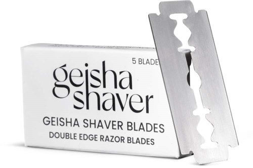 A box of five double-edge razor blades for shaving, with one blade placed outside the box.