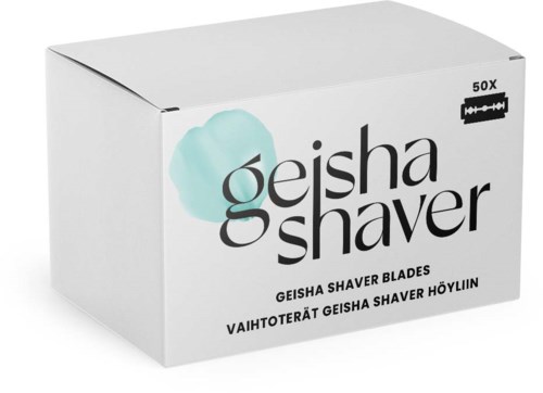 A white box labeled 'Geisha Shaver' contains 50x replacement blades for a shaver.