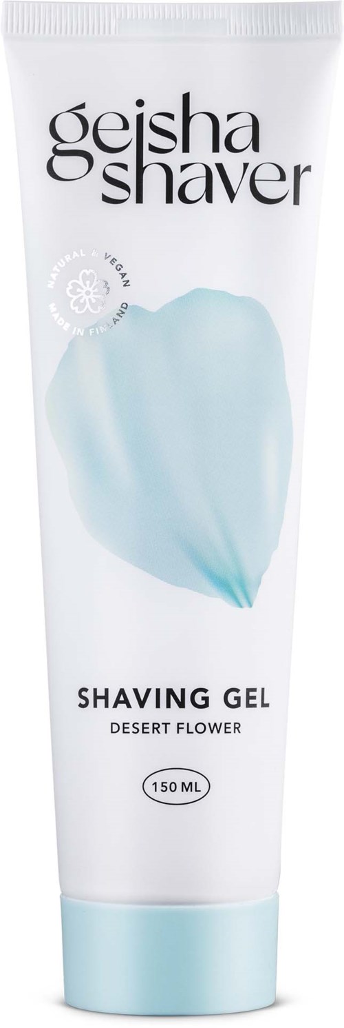 A tube of Geisha Shaver shaving gel with a light blue heart and white background.