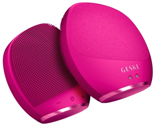 Zwei pinke kabellose Lautsprecher mit Tasten und Markennamen "GESKE" auf einem Lautsprecher.