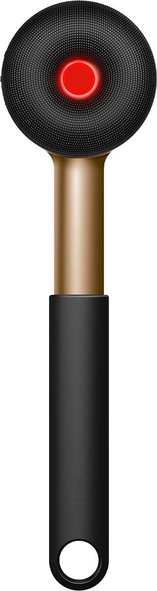 Ein elegantes Mikrofon mit rotem Licht, goldenem Griff und schwarzem Sockel, für Aufnahme oder Sprechen.