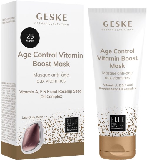 Eine Schachtel und Tube zeigen Geske's Age Control Vitamin Boost Mask mit Inhaltsstoffen wie Vitaminen und Hagebuttenöl.