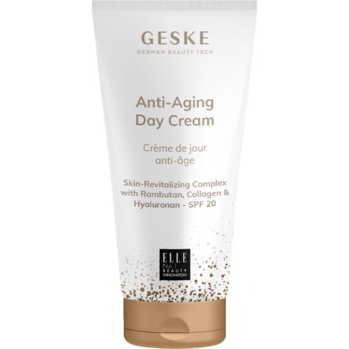 Eine weiße und goldene Tube mit Geske Anti-Aging Tagescreme mit SPF 20 und hautrevitalisierenden Inhaltsstoffen.