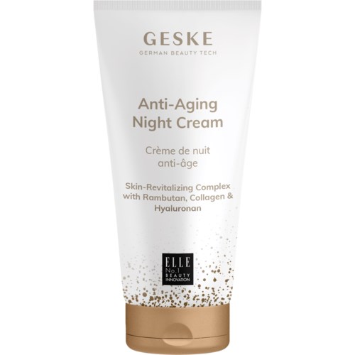 Eine weiße Tube mit Goldakzenten, beschriftet GESKE Anti-Aging Night Cream, enthält Hautpflege gegen Alterung, mit Kollagen.