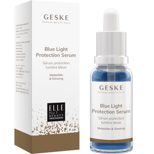 Ein Karton und eine Pipettenflasche mit Geske Blue Light Protection Serum, mit blauer Flüssigkeit.