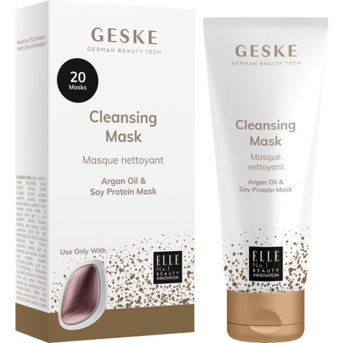 Verpackung in Schachtel und Tube für eine Reinigungsmaske mit Arganöl und Sojaprotein, bewirbt 20 Masken, von Geske.