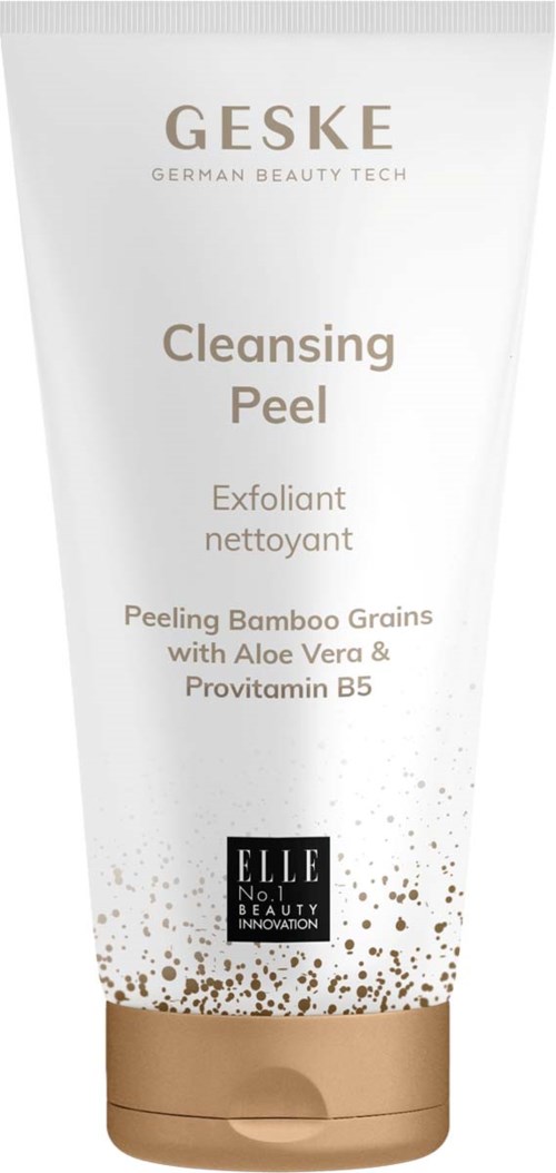 Reinigende Peeling mit Bambuskörner, Aloe Vera und Provitamin B5 in einem weißen und goldfarbenen Tube.