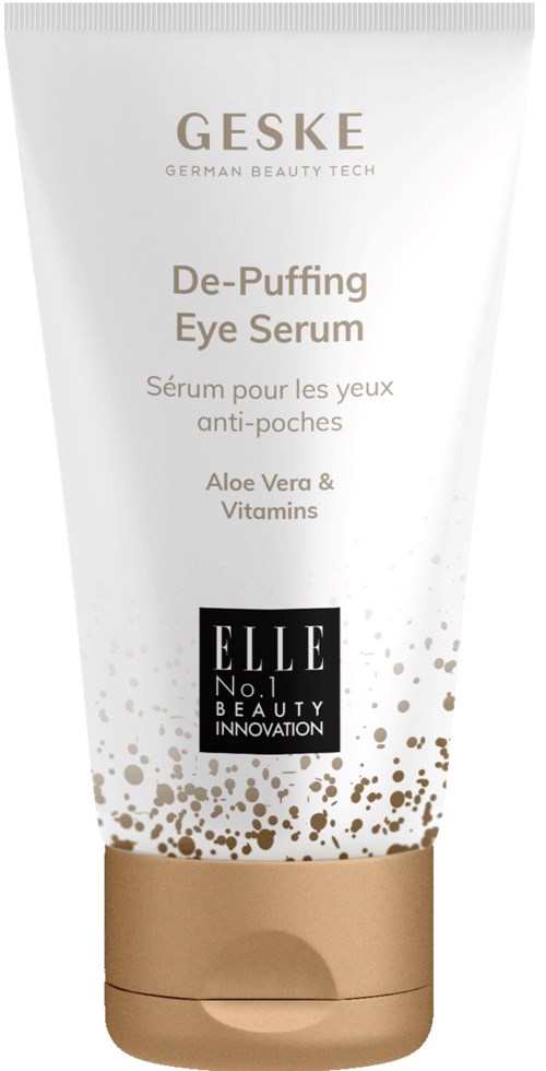 Eine weiße Tube mit goldener und schwarzer Schrift, beschreibt ein Augenserum mit Aloe Vera und Vitaminen. Logo unten.