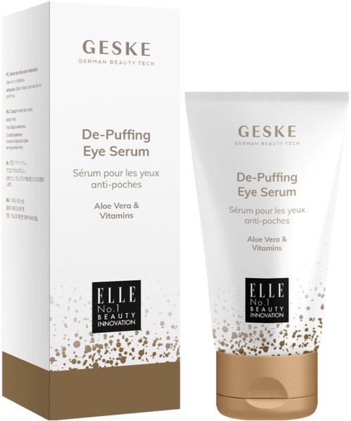 Eine Schachtel und eine Tube Augenserum in Weiß, Gold und Braun, mit Inhaltsstoffen wie Aloe Vera und Vitaminen.