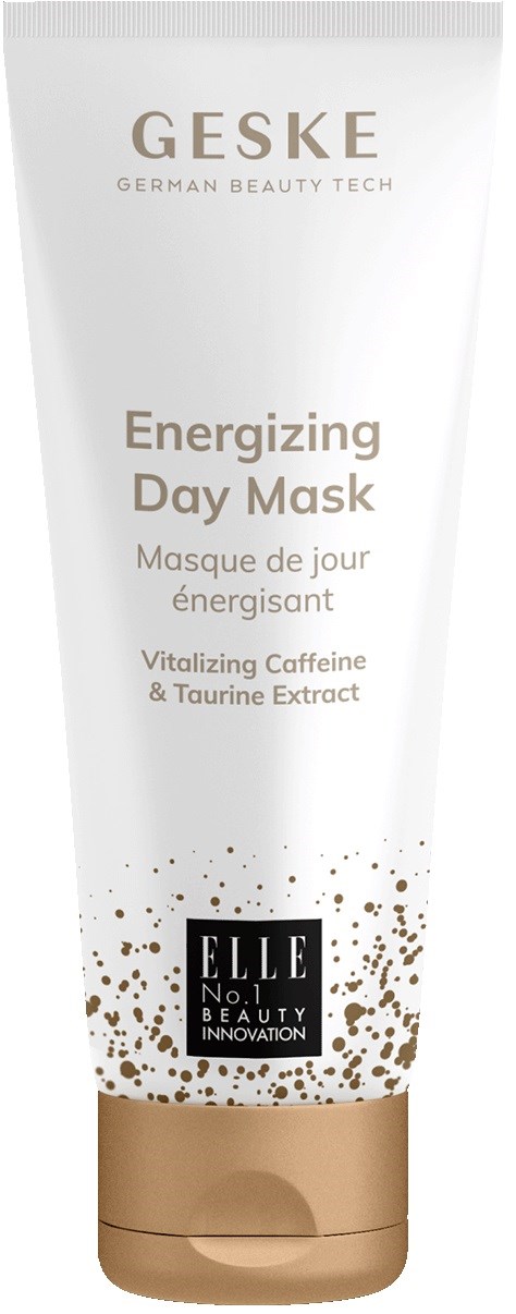 Eine weiße Tube mit GESKE Energizing Day Mask, goldene Akzente, Text über Koffein und Taurin, ELLE-Logo.