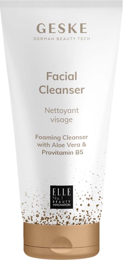 Eine weiße Tube mit Gold- und Schwarzttext, enthält Geske Gesichtsreiniger mit Aloe Vera und Provitamin B5.
