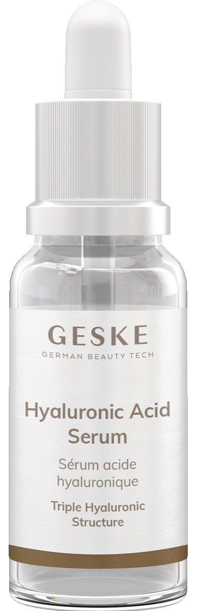 Kleine klare Glasflasche mit Pipette, Beschriftung 'GESKE Hyaluronic Acid Serum' für Hautpflege.