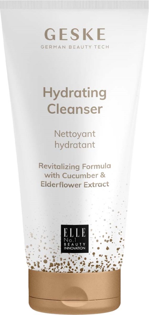 Eine weiße Tube mit goldener und schwarzer Schrift, die Geske Hydrating Cleanser mit Gurke- und Holunderblütenextrakt bewirbt.