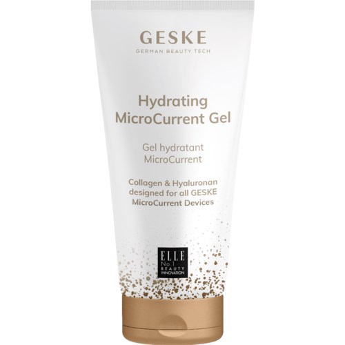 Ein weißer Tube mit goldenem und schwarzem Text, zeigt, dass es sich um ein haut hydratisierendes Gel mit Kollagen und Hyaluronsäure handelt.