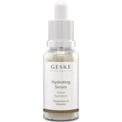 Kleine klare Flasche mit Pipette, Beschriftung 'Hydrating Serum' mit Hyaluronsäure und Vitaminen.