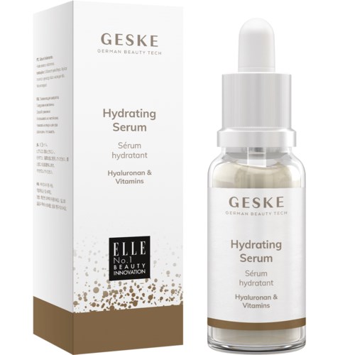 Eine Box und eine kleine Flasche mit hydratisierendem Serum mit Pipette, enthält Hyaluronsäure und Vitamine, von Geske.