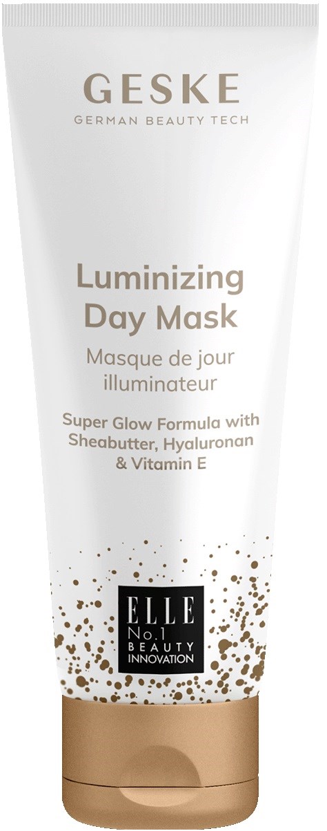 Eine weiße Tube mit goldener und schwarzer Schrift, gekennzeichnet Geske Luminizing Day Mask, hat goldene Punkte im unteren Bereich.