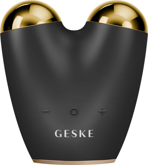 Ein schwarzes Gerät mit zwei goldenen Walzen, mit 'GESKE' beschriftet, sieht aus wie eine Kopf-Massagegerät mit Bedienelementen.