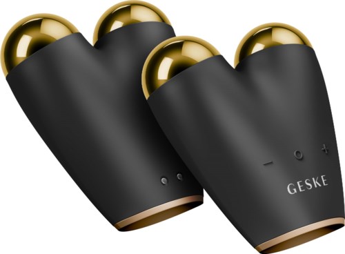 Drei schwarze Geräte mit goldenen Kugeln auf der Oberseite, Markenname 'GESKE' vorne und Bedientasten.