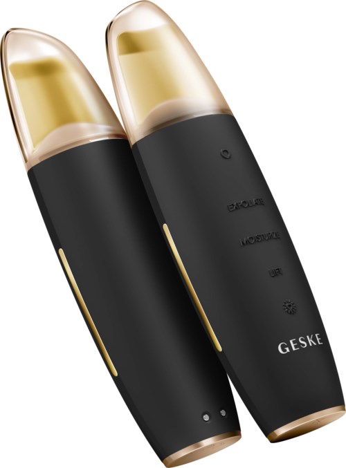 Zwei schwarze und goldene Vape-Pens nebeneinander mit Bedienelementen und Markennamen 'GESKE'.