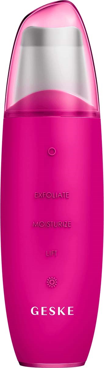 Pinkes Hautpflegegerät mit Tasten für Peeling, Feuchtigkeit und Anhebung sowie einem transparenten Deckel.