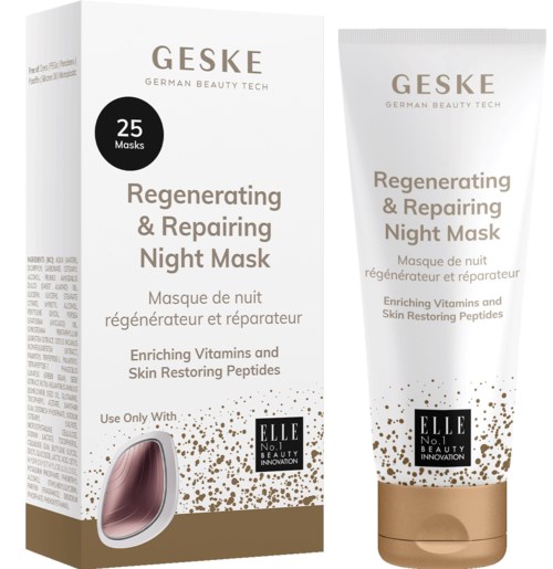 Verpackung für GESKE Nacht-Reparaturmaske mit gold und weißem Design, 25 Masken, angereichert mit Vitaminen und Peptiden.
