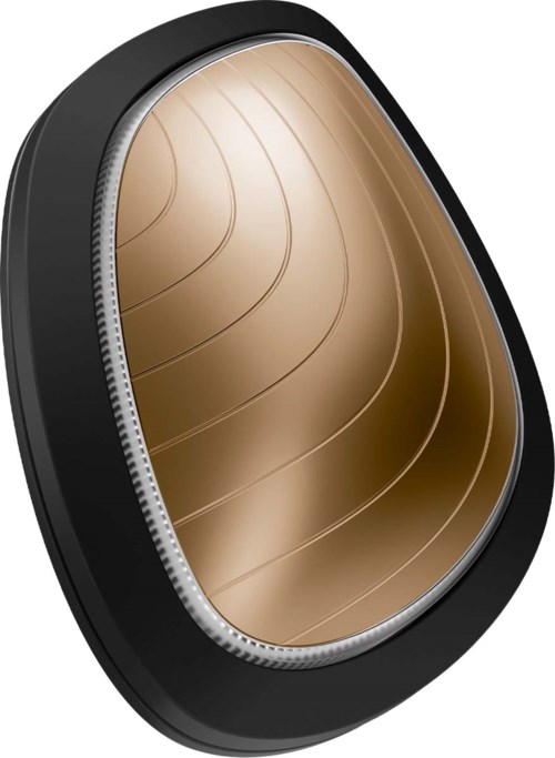 Ein schwarzer und goldener tragbarer Lautsprecher mit rundem, elegantem Design und glänzender Oberfläche.