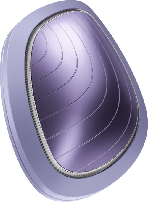 Ein violettes, rundes, glattes Objekt mit glänzender, reflektierender Oberfläche und gebogenen Linien im Inneren.