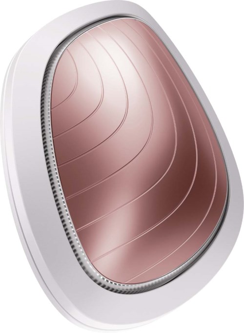 Ein elegantes, weißes Gerät mit rosa Innenraum und konzentrischen Linien, möglicherweise ein futuriver Spiegel oder Technikgerät.
