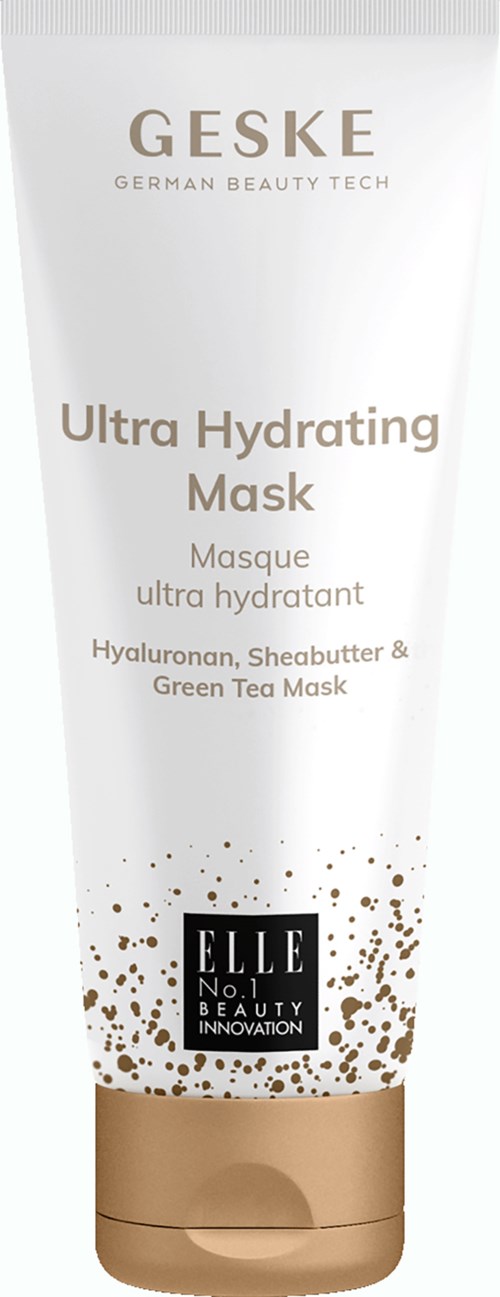 Eine Tube Geske Ultra Hydrating Mask mit goldenen Punkten, enthält Hyaluronsäure, Sheabutter und grünen Tee für die Haut.