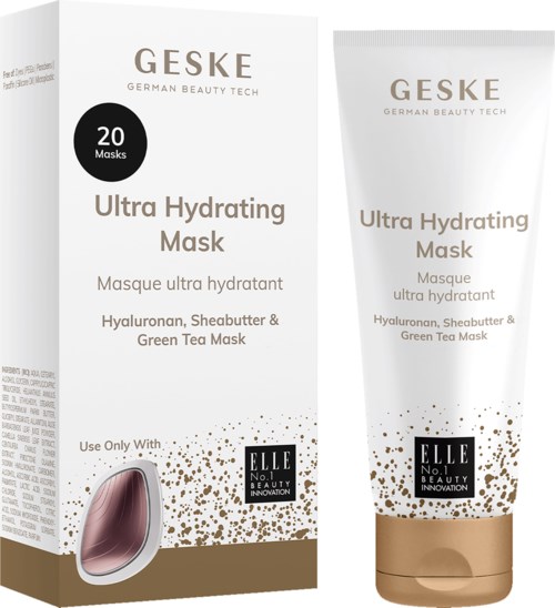 Eine Schachtel und Tube Geske Ultra Hydrating Mask mit 20 Masken, enthält Hyaluronsäure, Sheabutter und grüner Tee.