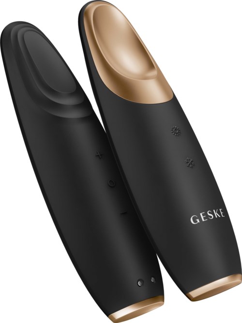 Zwei elegante elektronische Geräte in Schwarz und Gold. Sie sind klein, gebogen und haben Tasten auf der Oberfläche.