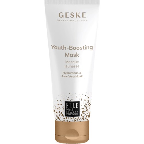 Eine weiße Tube mit goldenen Punkten am Boden, beschriftet Geske Youth-Boosting Mask mit Hyaluronsäure und Aloe Vera.