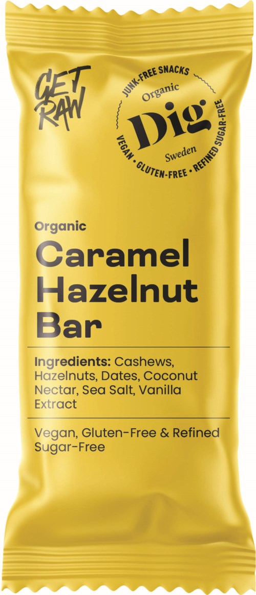 Bright yellow package of a caramel hazelnut snack bar with ingredients listed and organic label.