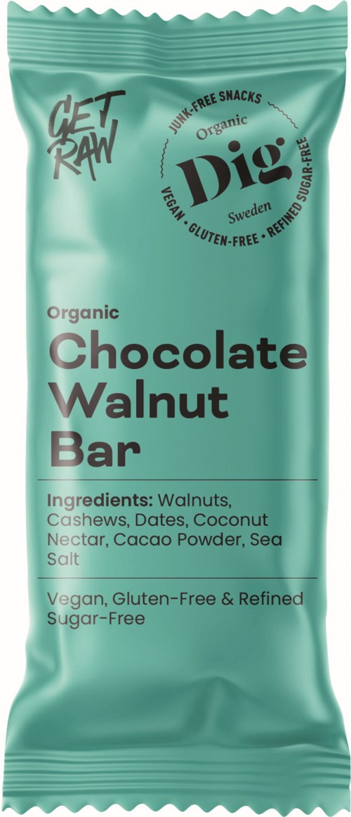 A snack bar with a green wrapper labeled as organic chocolate walnut, containing walnuts, cashews, dates, and coconut nectar.