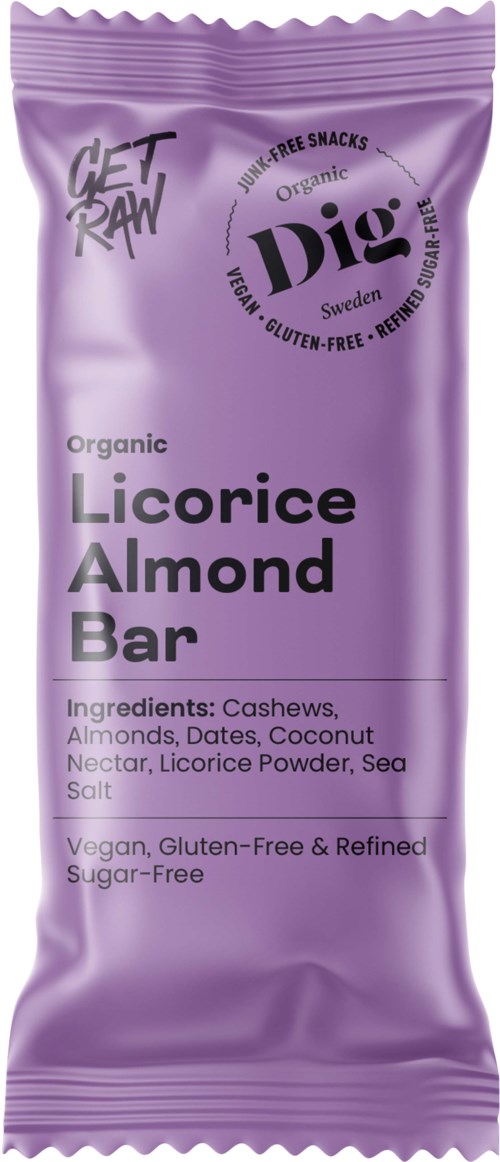 Purple wrapper for an organic licorice almond bar with ingredients listed on it.