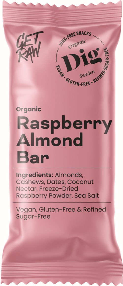 A pink snack bar package labeled 'Raspberry Almond Bar' with ingredients including almonds, cashews, dates, and coconut nectar.
