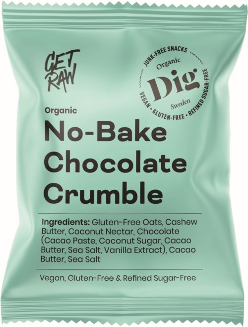 Green packaging for organic no-bake chocolate crumble snack with ingredients listed, including oats, cashew butter, and coconut.