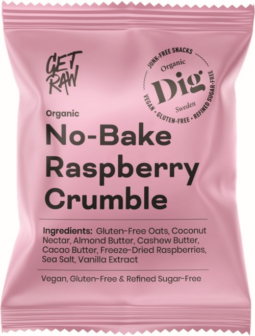Pink packaging for organic, vegan raspberry crumble snack with no baking needed, containing various nut butters and dried raspberries.