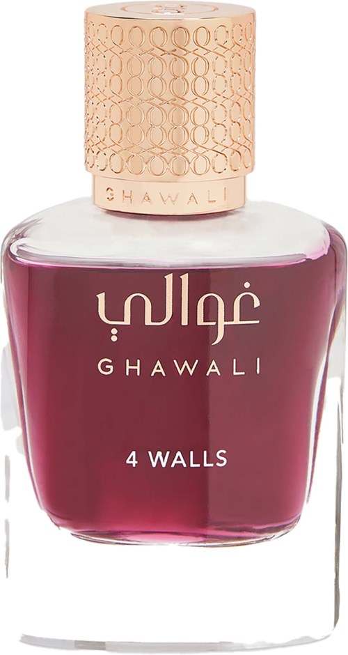 A bottle of Ghawali nail polish in a deep red color with a beige cap and Arabic text on the front.