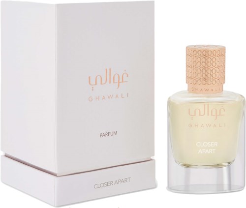 A perfume bottle and box with the brand name Ghawali, featuring light colors and elegant design.