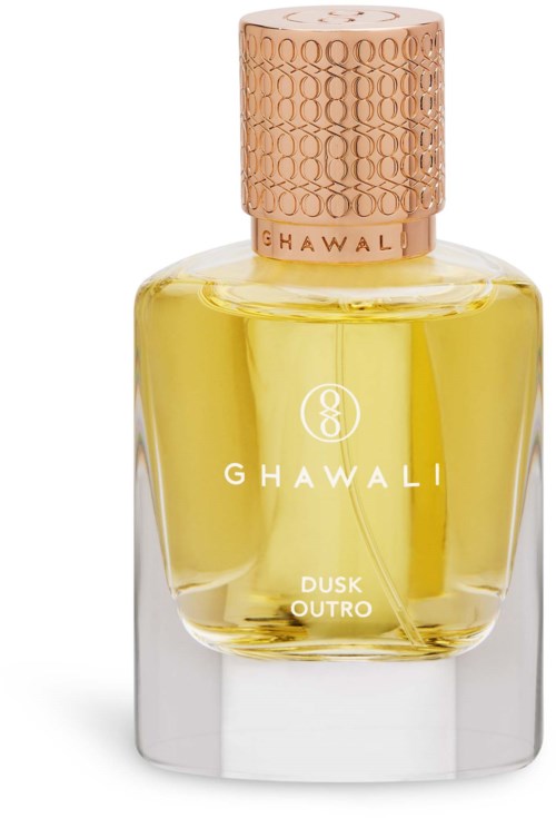 A perfume bottle with a light yellow liquid, a pink textured cap, and a white base. The label says Ghawali Dusk Outro.
