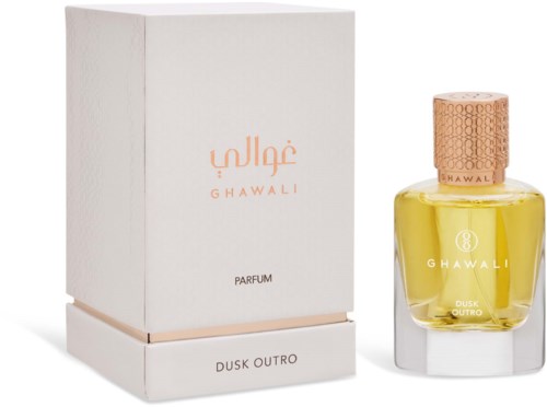 A perfume bottle and box labeled Ghawali Dusk Outro, with a white box and a yellow liquid inside the bottle.