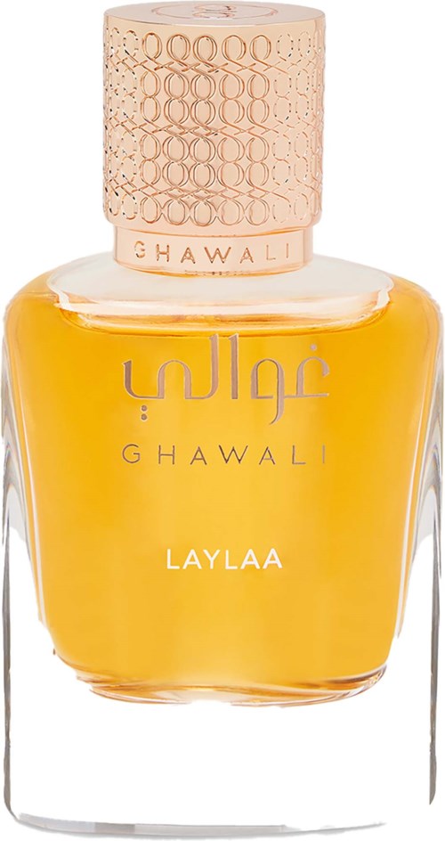 A yellow perfume bottle labeled Layla from Ghawali with a patterned cap.