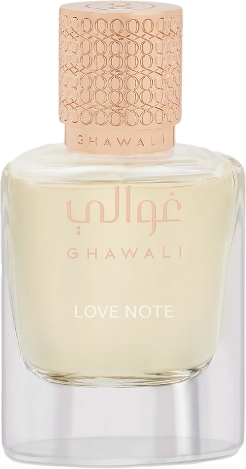 A perfume bottle with a light pink cap and white liquid inside, labeled Ghawali Love Note.