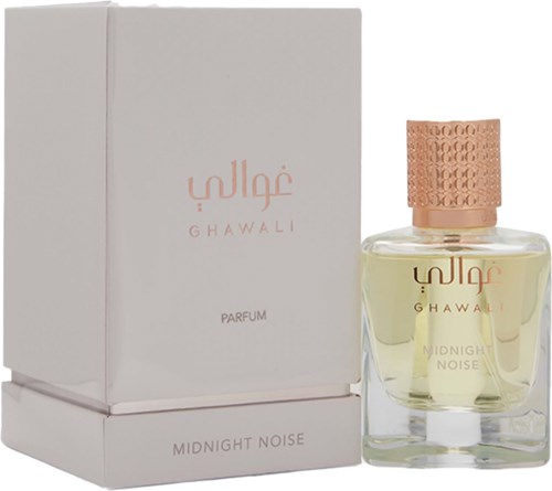 A perfume bottle and box labeled Ghawali Midnight Noise, with a pink cap and clear bottle showing light yellow liquid.