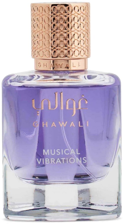 A perfume bottle with a purple liquid, gold cap, and brand name in gold and purple letters.