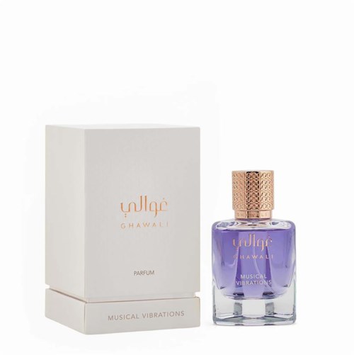 A perfume bottle and box, purple liquid, gold cap, with text Ghawali and musical vibrations.