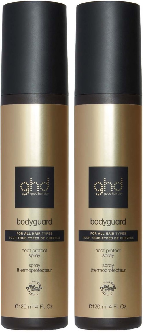 Two bottles of ghd Bodyguard heat protectant spray, designed for all hair types, 120 ml each.